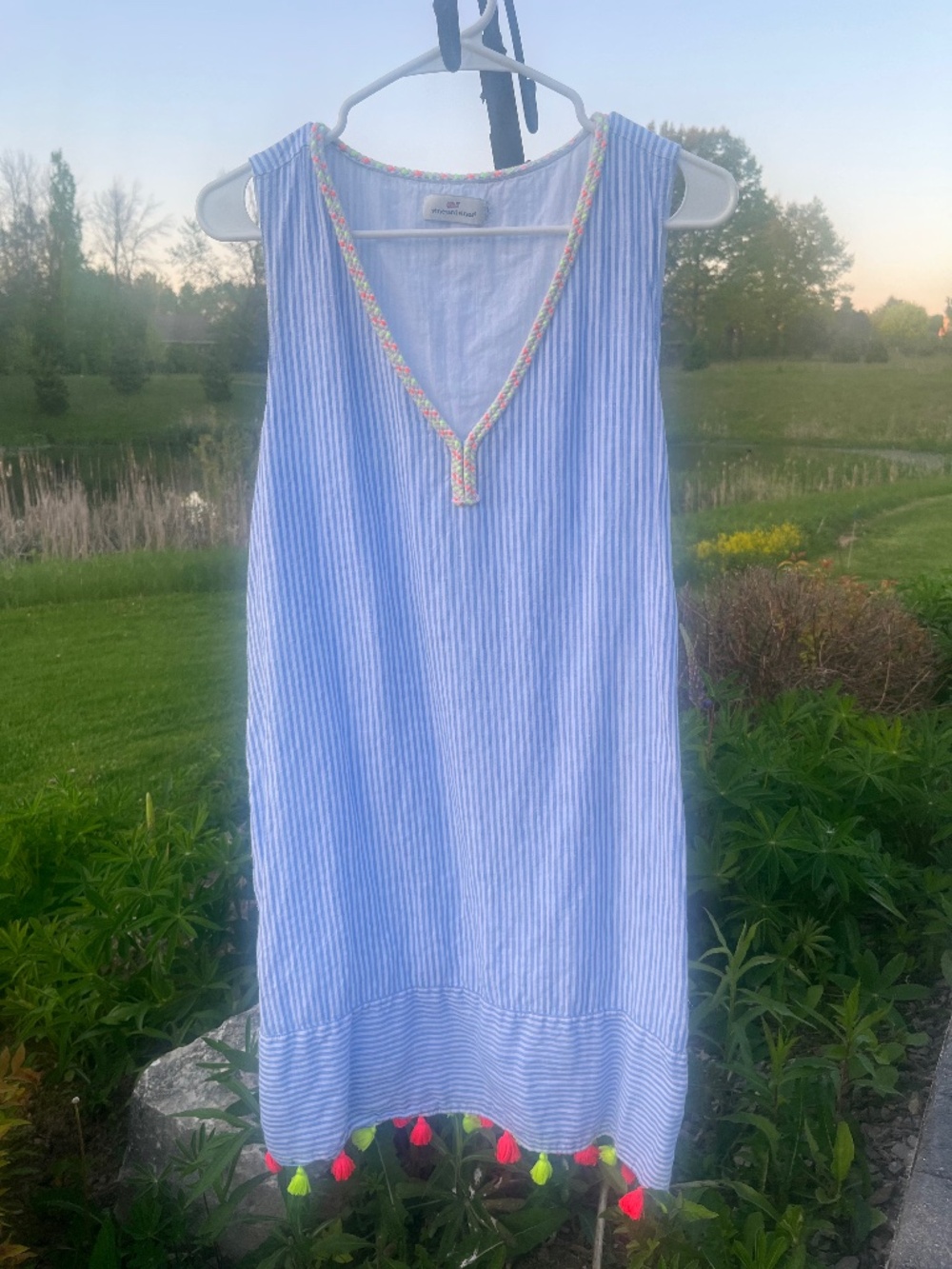 Vineyard Vines Blue and White Striped Sleeveless Midi Dress with Neon Tassels